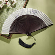 Buddha Stones Ancient Flowers Branches Handheld Silk Bamboo Folding Fan 21cm