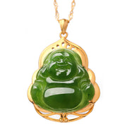 Buddha Stones 925 Sterling Silver Natural Hetian Cyan Jade Laughing Buddha 18K Gold Healing Necklace Chain Pendant Necklaces & Pendants BS 10