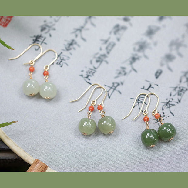 Buddha Stones 925 Sterling Silver 14K Gold Plated Hetian Jade Red Agate Luck Drop Dangle Earrings Earrings BS 17