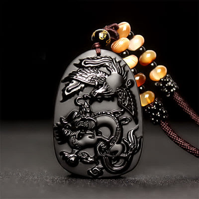 Buddha Stones Black Obsidian Tiger Eye Dragon Phoenix Protection Beaded Necklace Pendant Necklaces & Pendants BS main