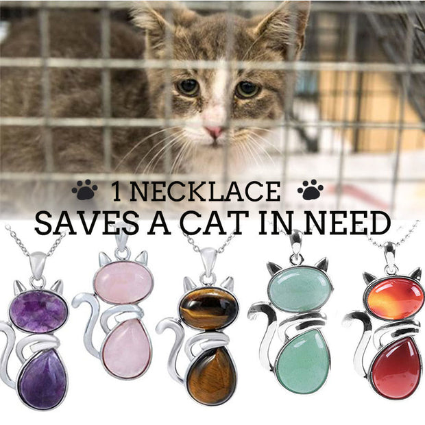 "Save A Cat" Cute Cat Pattern Natural Crystal Protection Cat-Loving Pendant Necklace Necklaces & Pendants BS main