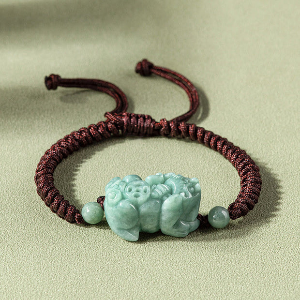 Buddha Stones Handmade Natural Jade PiXiu Protection King Kong Knot Braided String Bracelet Bracelet BS Jade PiXiu Brown(Bracelet Size 14-20cm)