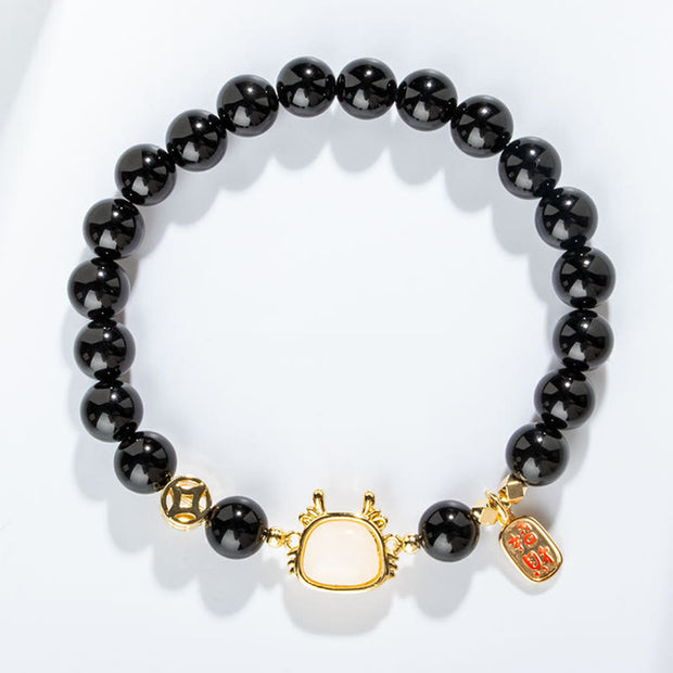 Buddha Stones Year Of The Dragon Natural Red Agate Black Onyx Luck Fu Character Bracelet Bracelet BS Black Onyx Copper Coin(Wrist Circumference 14-16cm)