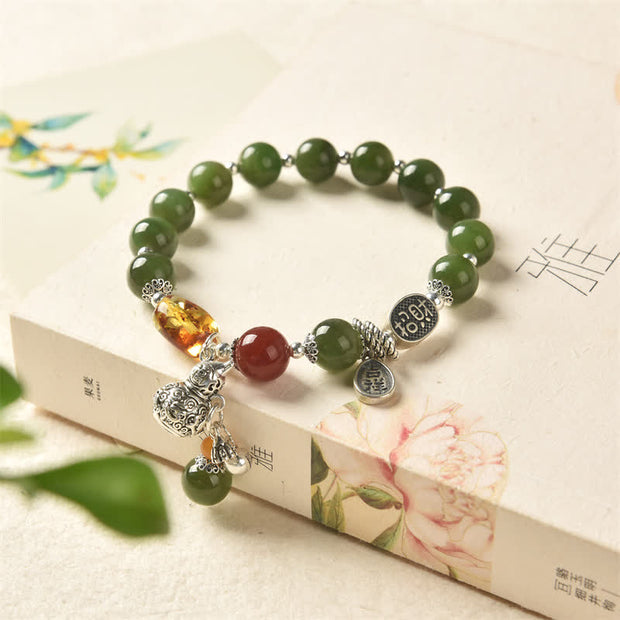 Buddha Stones 925 Sterling Silver Hetian Cyan Jade Gourd Amber Success Bracelet Bracelet BS Hetian Cyan Jade (Success ♥ Healing)