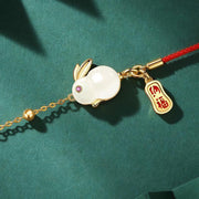 Buddhastoneshop Year of the Rabbit White Jade Happiness Red String Chain Bracelet