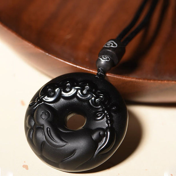 Buddha Stones Chinese Zodiac Natural Black Obsidian Peace Buckle Strength Necklace Pendant Necklaces & Pendants BS 4