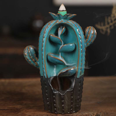 Buddha Stones Cactus Ceramic Healing Backflow Smoke Fountain Incense Burner