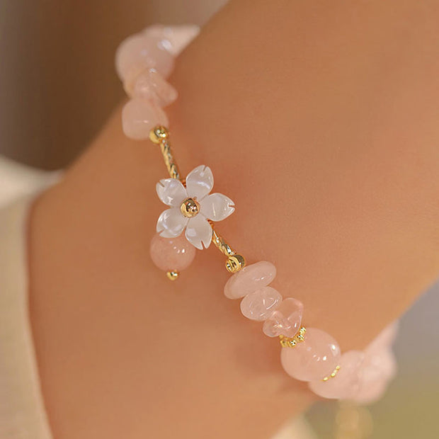 Buddha Stones 14k Gold Plated Natural Pink Crystal Flower Love Bracelet