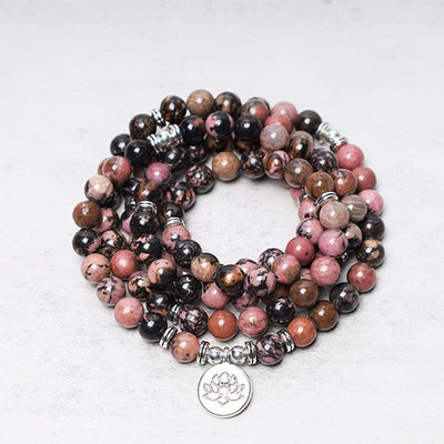 Buddha Stones 108 Mala Beads Rhodonite Lotus Compassion Energy Bracelet Mala Bracelet BS main