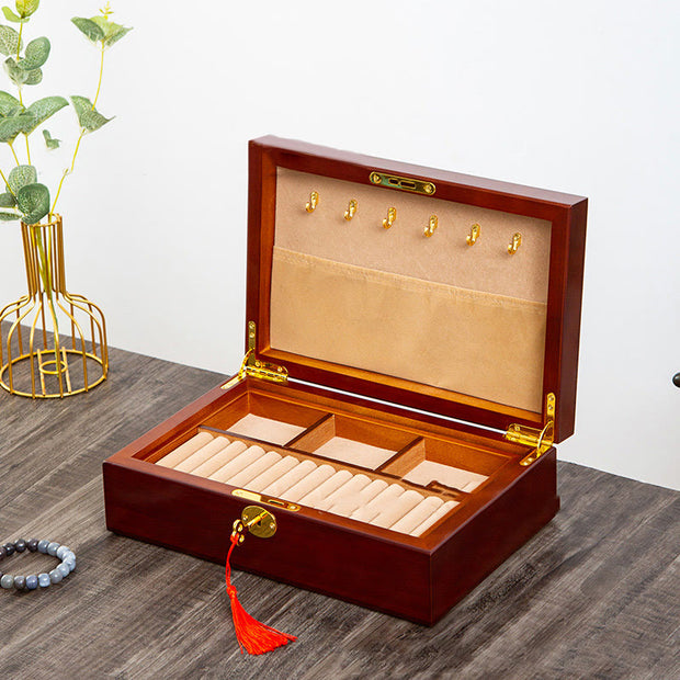 Buddha Stones Vintage Wooden Jewelry Box Two-Layer Solid Wood Jewelry Storage Box