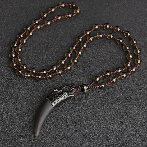 Buddhastoneshop Natural Ice Obsidian Wolf Tooth Pattern Courage Necklace Pendant