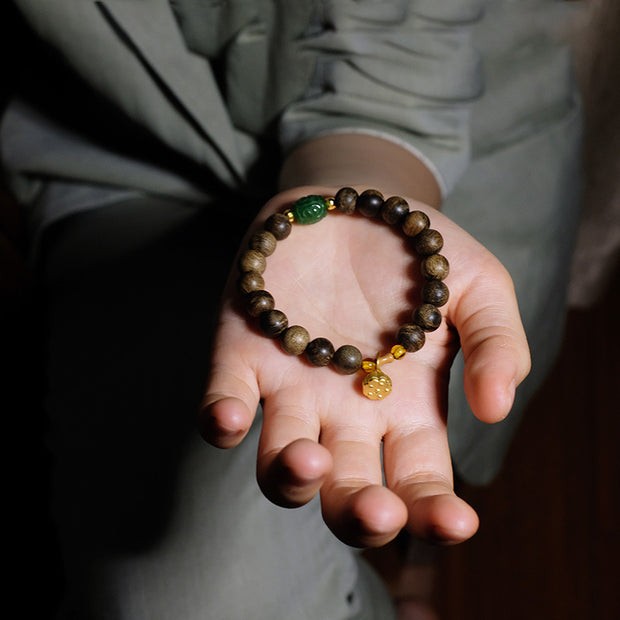 Buddha Stones 999 Gold Brunei Agarwood Cyan Jade Lotus Flower Peace Strength Bracelet Bracelet BS 6