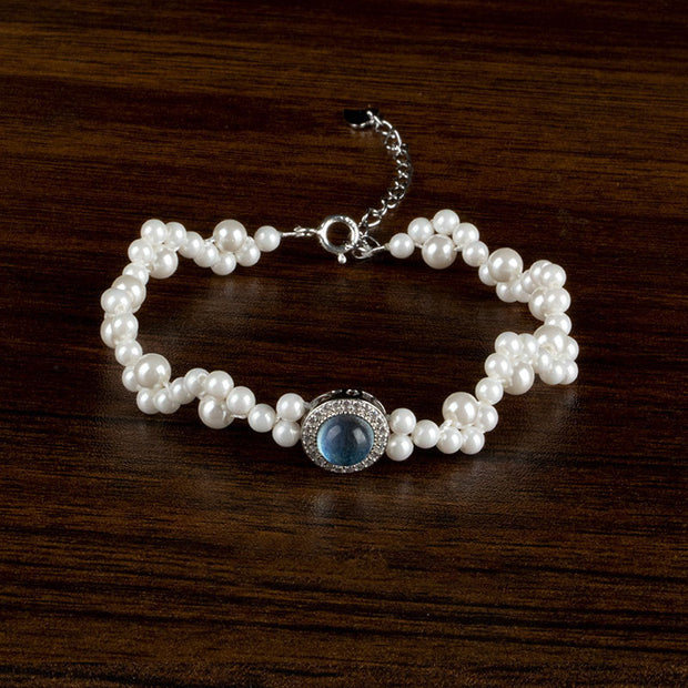 Buddha Stones 925 Sterling Silver Pearl Blue Chalcedony Healing Chain Bracelet Ring