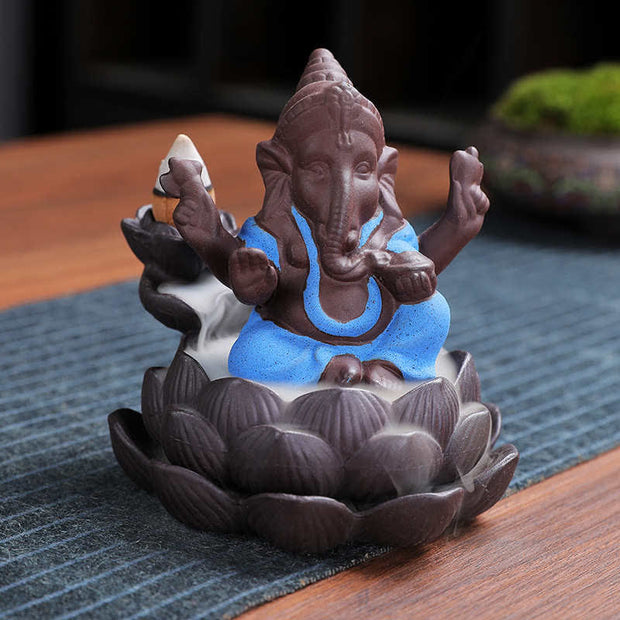 Buddha Stones Ganesh Elephant Purple Clay Backflow Smoke Fountain Protection Incense Burner
