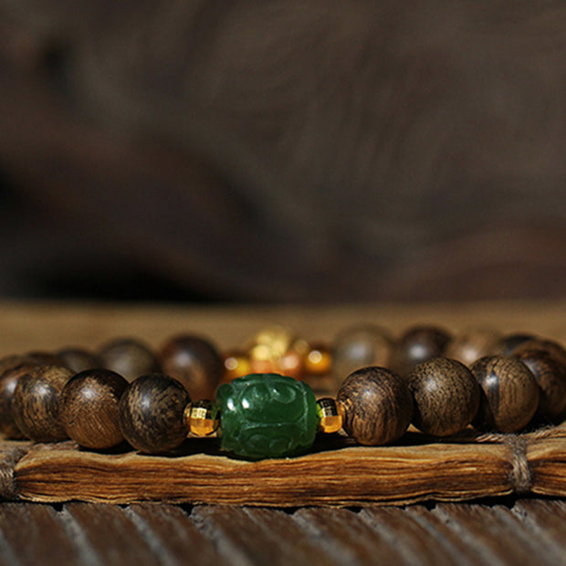 Buddha Stones 999 Gold Brunei Agarwood Cyan Jade Lotus Flower Peace Strength Bracelet Bracelet BS 9