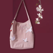 Buddha Stones Flower Crane Plum Blossom Embroidery Canvas Large Capacity Shoulder Bag Tote Bag Bag BS 29