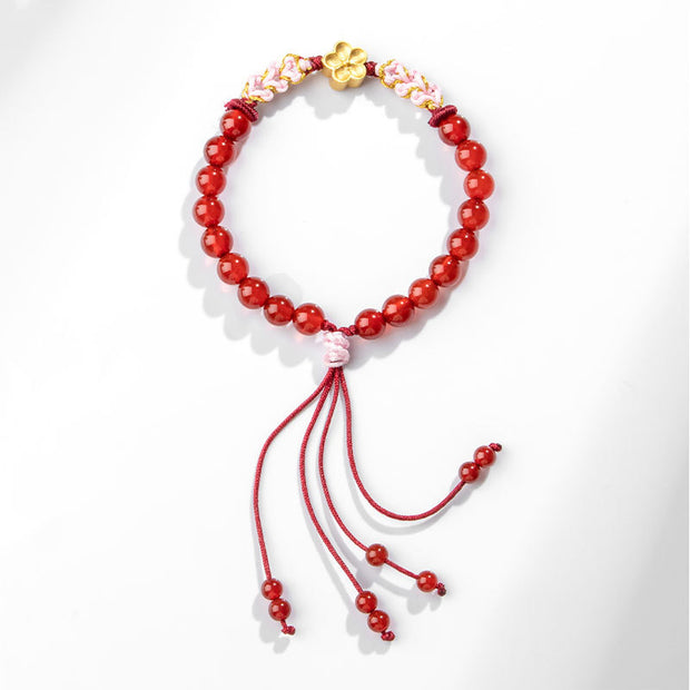 Buddha Stones 999 Sterling Silver Natural Red Agate Pink Crystal Cherry blossom Bracelet Bracelet BS 11