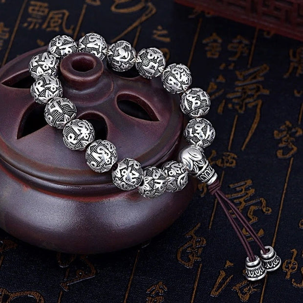 Buddha Stones Tibetan Om Mani Padme Hum Carved Alloy Beads Amulet Bracelet Bracelet BS 5