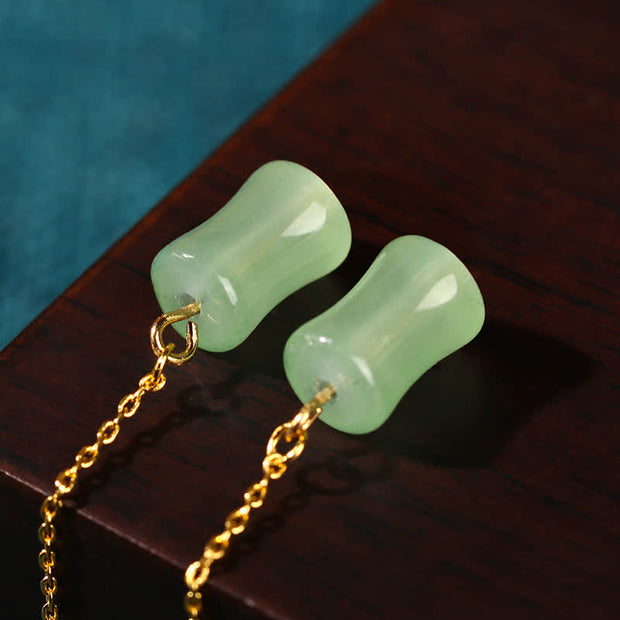 Buddha Stones Jade Bamboo Pattern Luck Drop Earrings Earrings BS 2