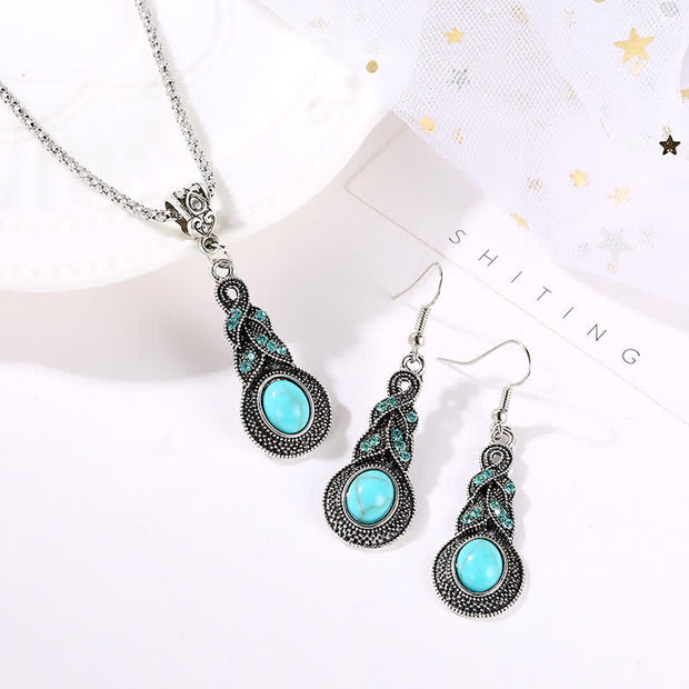 Buddha Stones Vintage Blue Rhinestones Inlaid Turquoise Stone Love Dangle Earrings Necklace Earrings BS Earrings& Necklace Set