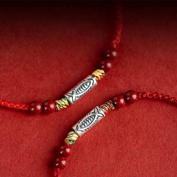 Buddha Stones 925 Sterling Silver Koi Fish Cinnabar Bead Wealth Handcrafted Braided Bracelet Anklet