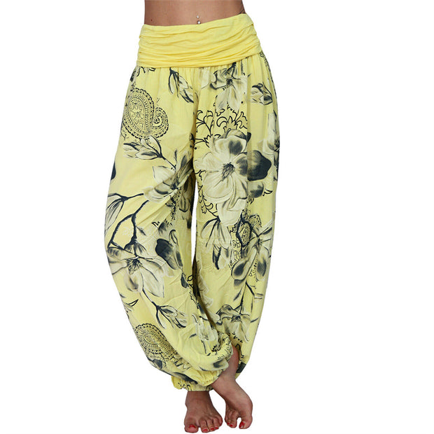 Buddha Stones Flower Leaves Pattern Loose Harem Trousers Women's Yoga Pants