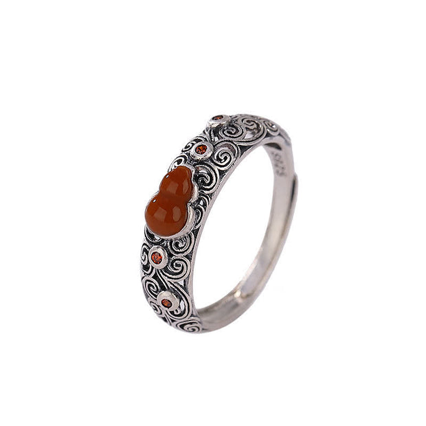 Buddha Stones 925 Sterling Silver Red Agate Cyan Jade Gourd Blessing Auspicious Ring Ring BS 4
