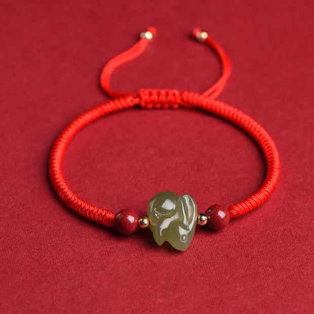 Buddha Stones Year of the Rabbit Hetian Jade Bunny Cinnabar Beaded Abundance String Bracelet Bracelet BS 1