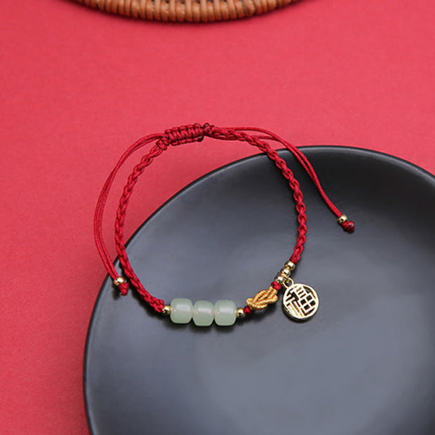 Buddha Stones Handcrafted Jade Bead Fu Character Charm Luck Red Rope Bracelet Bracelet BS 13