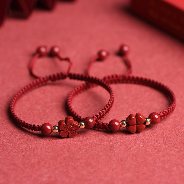 Buddha Stones Four Leaf Clover Five-petal Flower Cinnabar Blessing Red String Bracelet Bracelet BS 1