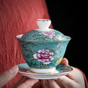 Buddha Stones Jingdezhen Peony Flower Ceramic Gaiwan Sancai Teacup Kung Fu Tea Cup And Saucer With Lid 140ml