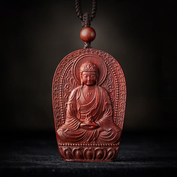 Buddha Stones Chinese Zodiac Natal Buddha Small Leaf Red Sandalwood Lotus Protection Necklace Pendant Necklaces & Pendants BS main