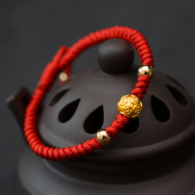 Buddha Stones 999 Sterling Silver Om Mani Padme Hum Copper Coin Luck Strength String Couple Bracelet Bracelet BS Golden Copper Coin Red Rope(Bracelet Size 15.5-24cm)