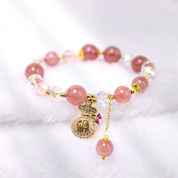 Buddha Stones Natural Strawberry Quartz Crystal Money Bag Charm Positive Bracelet Bracelet BS 8