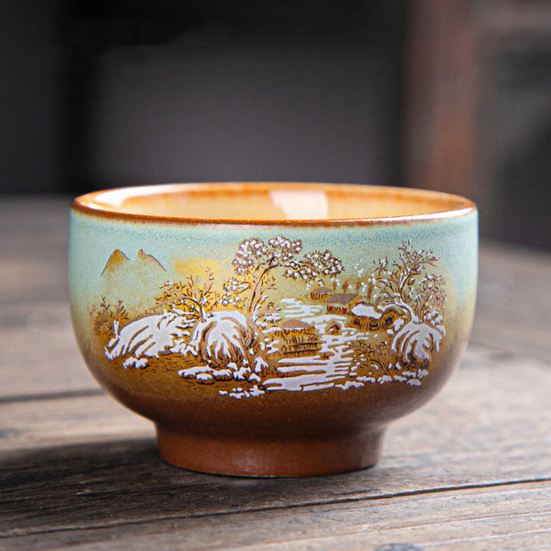 Buddha Stones Colorful Deer Pipa Snow Plum Blossoms Mountains Rivers Bird Ceramic Teacup Kung Fu Tea Cup Bowl