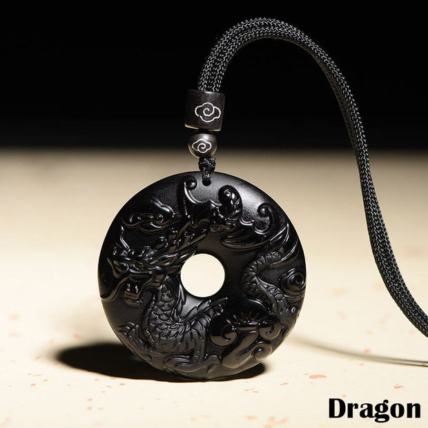 Buddha Stones Chinese Zodiac Natural Black Obsidian Peace Buckle Strength Necklace Pendant Necklaces & Pendants BS Dragon