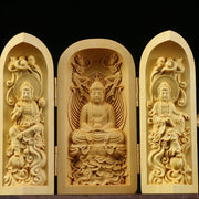 Buddha Stones Hand-carved Portable Buddha Boxwood Serenity Home Decoration Altar Prayer Altar BS Three Western Saints