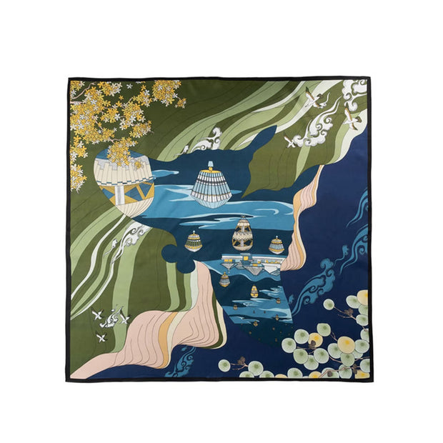 Buddha Stones Jungle Oil Painting Auspicious Clouds 100% Mulberry Silk Scarf Premium Grade 6A Double-sided Silk Neck Scarf
