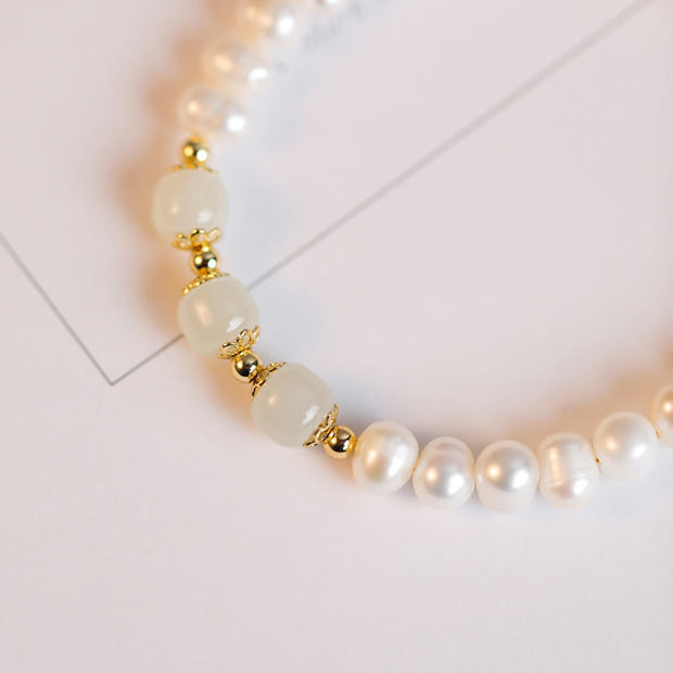 Buddha Stones 14K Gold Plated Natural Pearl Hetian Cyan Jade White Jade Sincerity Bead Chain Bracelet Bracelet BS 14