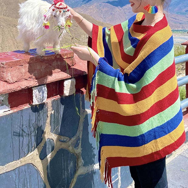 Buddha Stones Tibetan Colorful Striped Design Shawl Tassels Pullover Winter Cozy Travel Scarf Wrap
