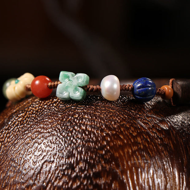 Buddha Stones Agarwood Lazurite Pearl Hetian Jade Crystal Luck Strength String Cuff Bracelet Bracelet BS 3