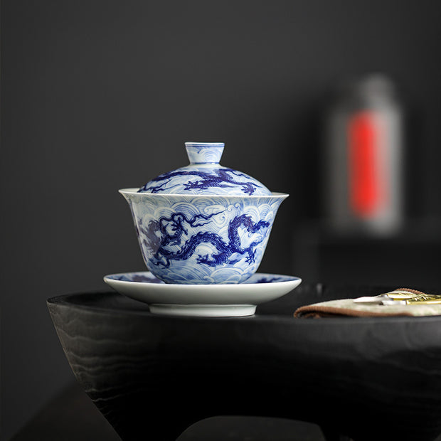 Buddha Stones Blue and White Dragon Pattern Porcelain Gaiwan Sancai Teacup Kung Fu Tea Cup And Saucer With Lid