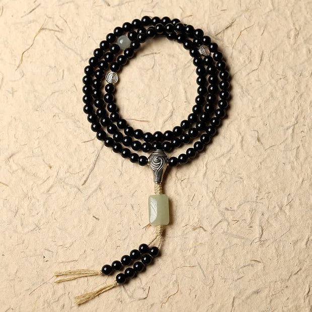 Buddha Stones Tibetan Black Onyx Hetian Jade 108 Mala Beads Fortune Bracelet Mala Bracelet BS 10
