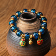 Buddha Stones Gold Swallowing Beast Family Charm Liuli Glass Bead Fortune Bracelet