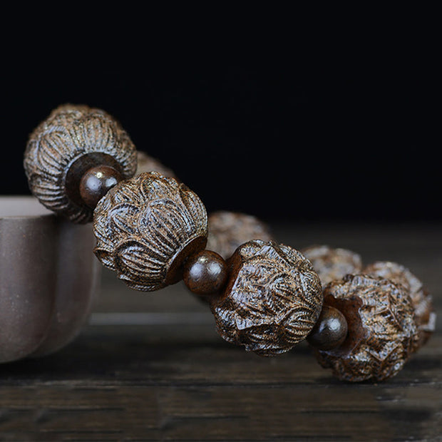 Buddha Stones Ebony Wood Eighteen Arhats Lotus Dragon Engraved Balance Bracelet Bracelet BS 2