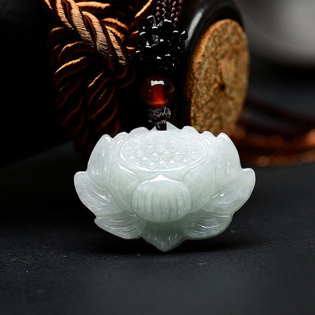Buddha Stones Lotus Pattern Jade Luck Abundance Necklace Pendant Necklaces & Pendants BS 5