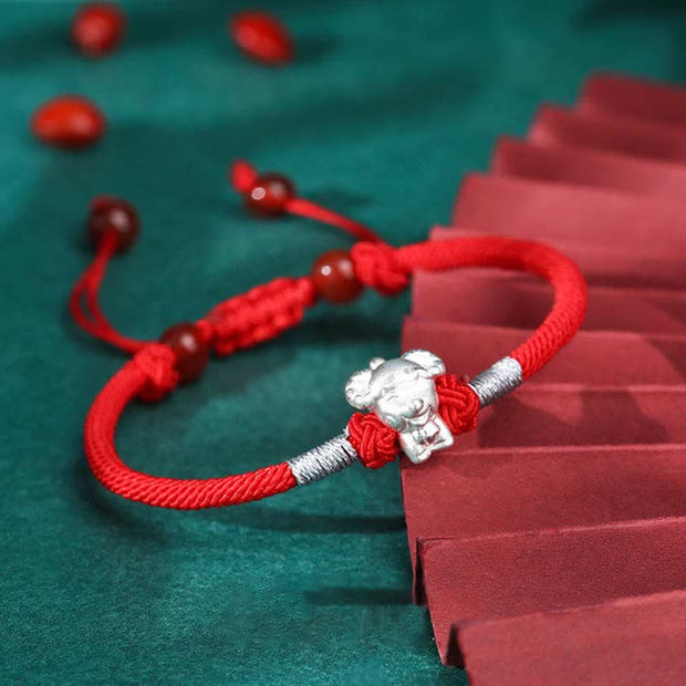Buddha Stones 999 Sterling Silver Chinese Zodiac Luck Strength Red String Bracelet Bracelet BS Goat(Bracelet Size 15.5cm+8cm)