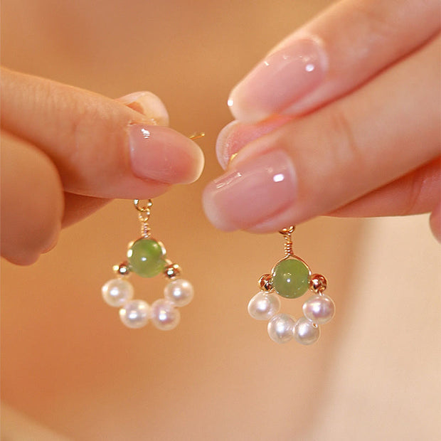 Buddha Stones Cyan Jade Pearl Bead Luck Drop Earrings Earrings BS Cyan Jade&Pearl
