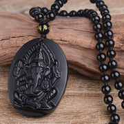 Buddha Stones Tibetan Obsidian Ganesh Ganpati Elephant Wealth Amulet Necklace Necklace BS 2