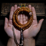 Buddha Stones Tibet 108 Mala Beads Yak Bone Three-eyed Dzi Bead Keep Away Evil Spirits Bracelet Mala Bracelet BS 12*6mm Beads